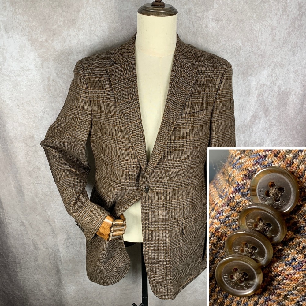 Tommy Hilfiger Blazer Jacket Men 41L Brown Glen Check Sport Coat Elbow Patch